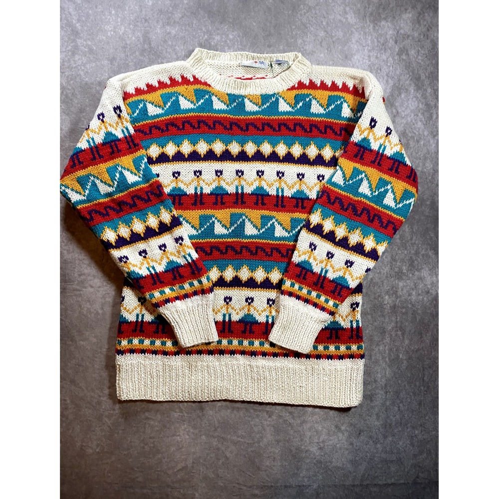 French‎ Navy Sweater Men L Large White Fair Isle Crew Neck Pullover Knit